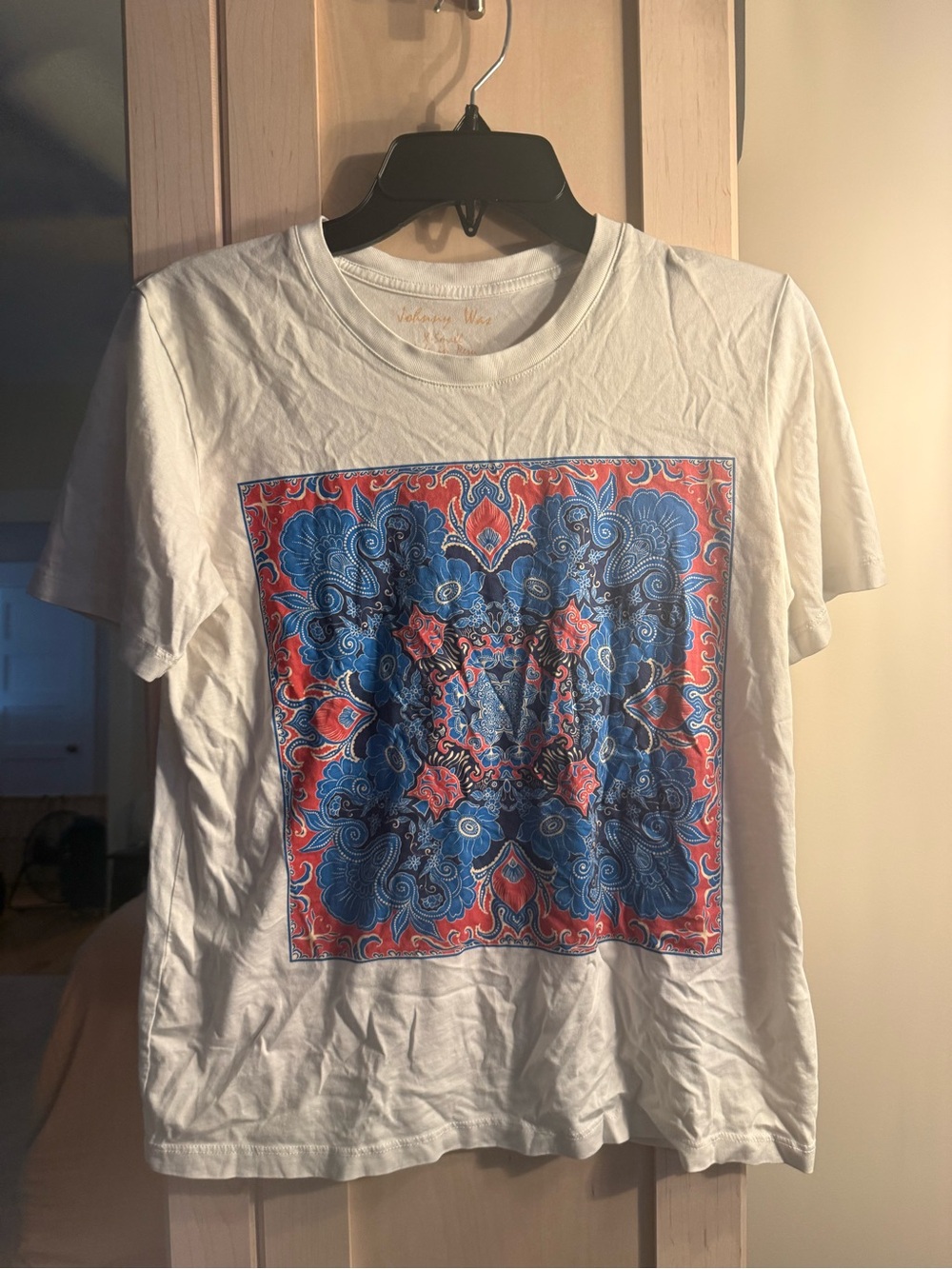 Johnny Was White Short-Sleeve Tee with Blue & Red Paisley Square